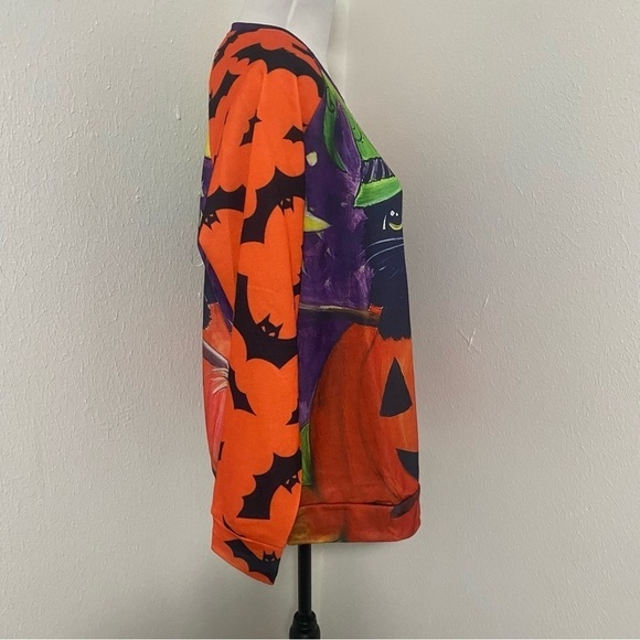 Halloween Cat in Pumpkin Graphic Long Sleeve Sweatshirt Size Large Colorful Y2K - Picture 6 of 9